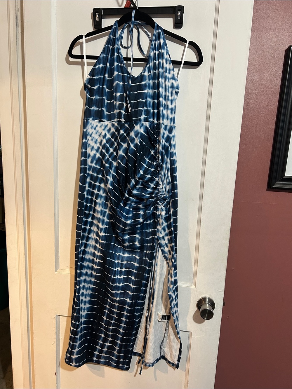 SHEIN Navy and White Tie-Dye Halter Maxi Dress